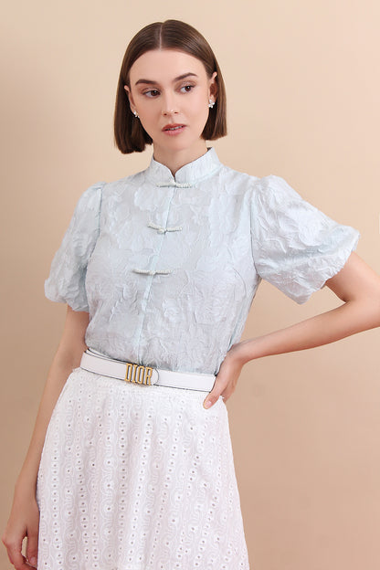 Celeste Petal-Sleeve Mandarin Top