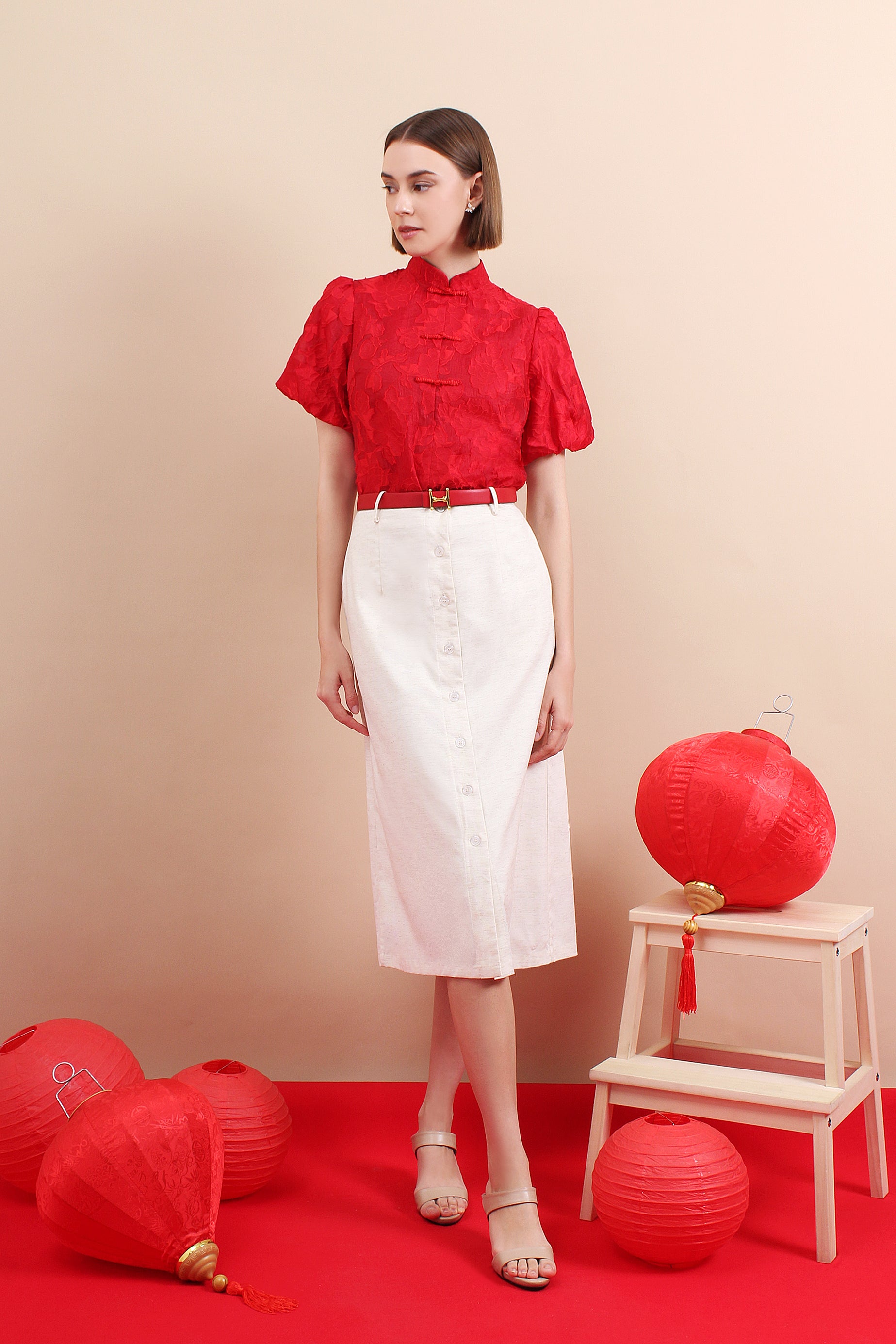 Celeste Petal-Sleeve Mandarin Top