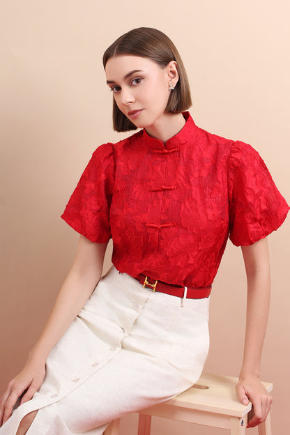 Celeste Petal-Sleeve Mandarin Top