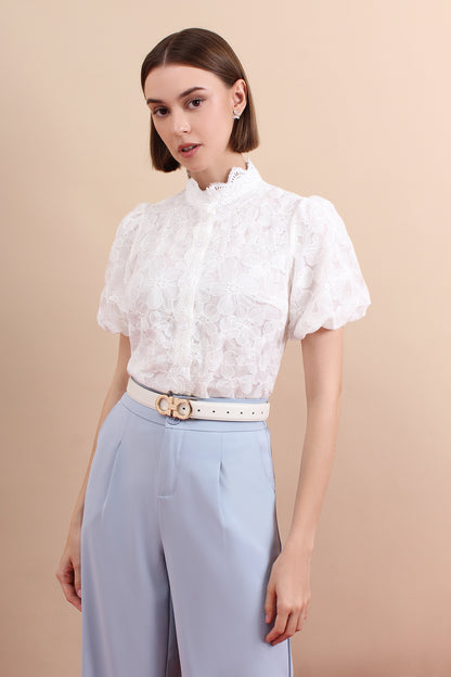 Scalloped Lace Sculpted Mandarin Collar Puff Sleeve Top