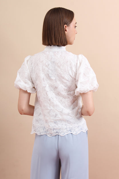 Scalloped Lace Sculpted Mandarin Collar Puff Sleeve Top