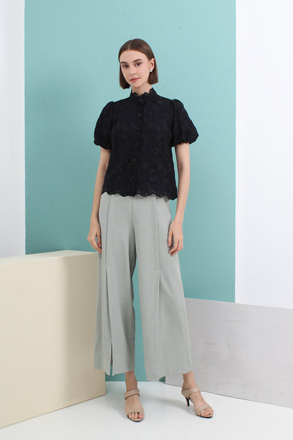 Scalloped Lace Sculpted Mandarin Collar Puff Sleeve Top