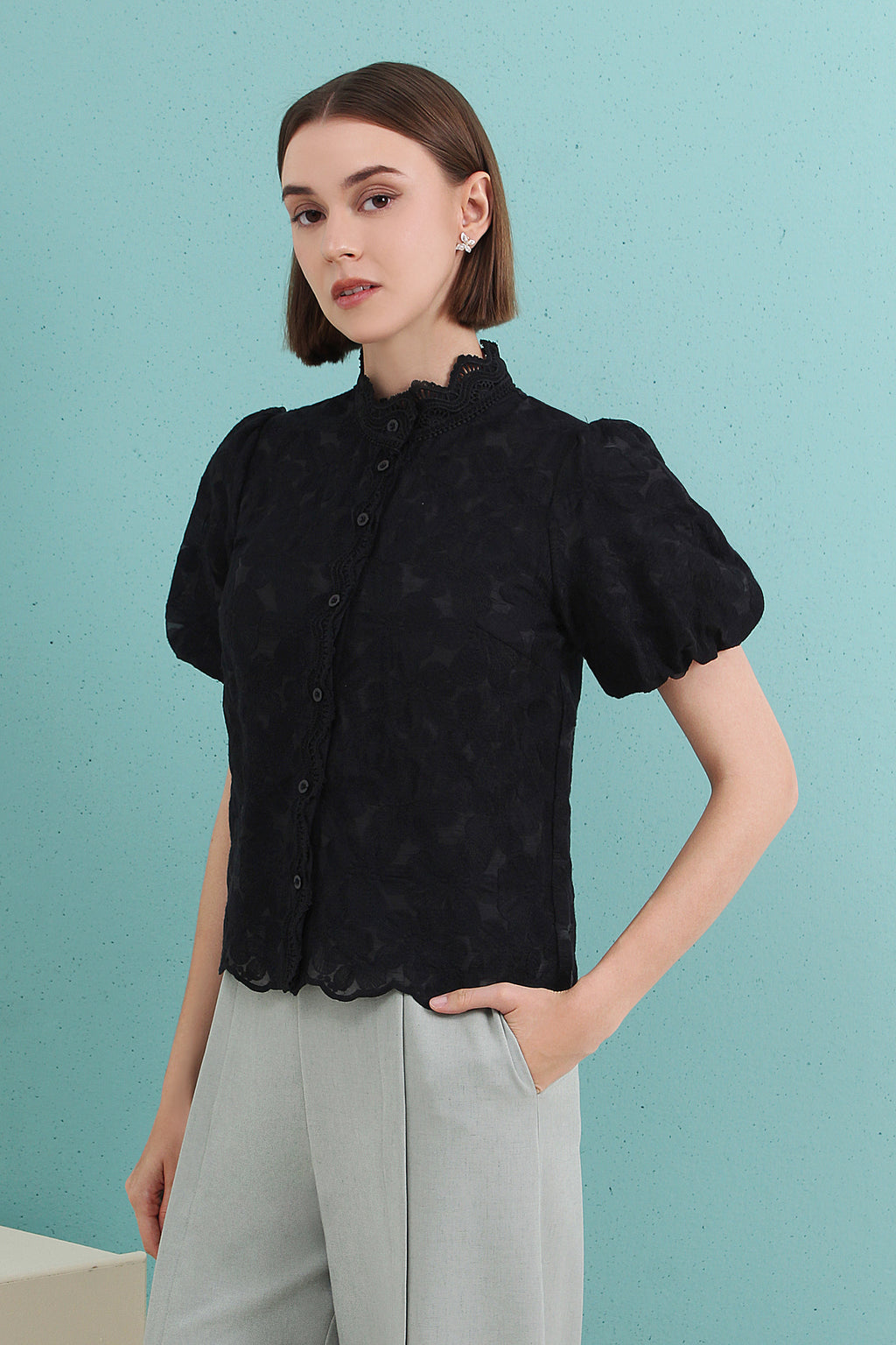 Scalloped Lace Puff Sleeve Top