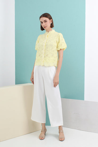 Scalloped Lace Sculpted Mandarin Collar Puff Sleeve Top