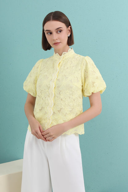 Scalloped Lace Sculpted Mandarin Collar Puff Sleeve Top