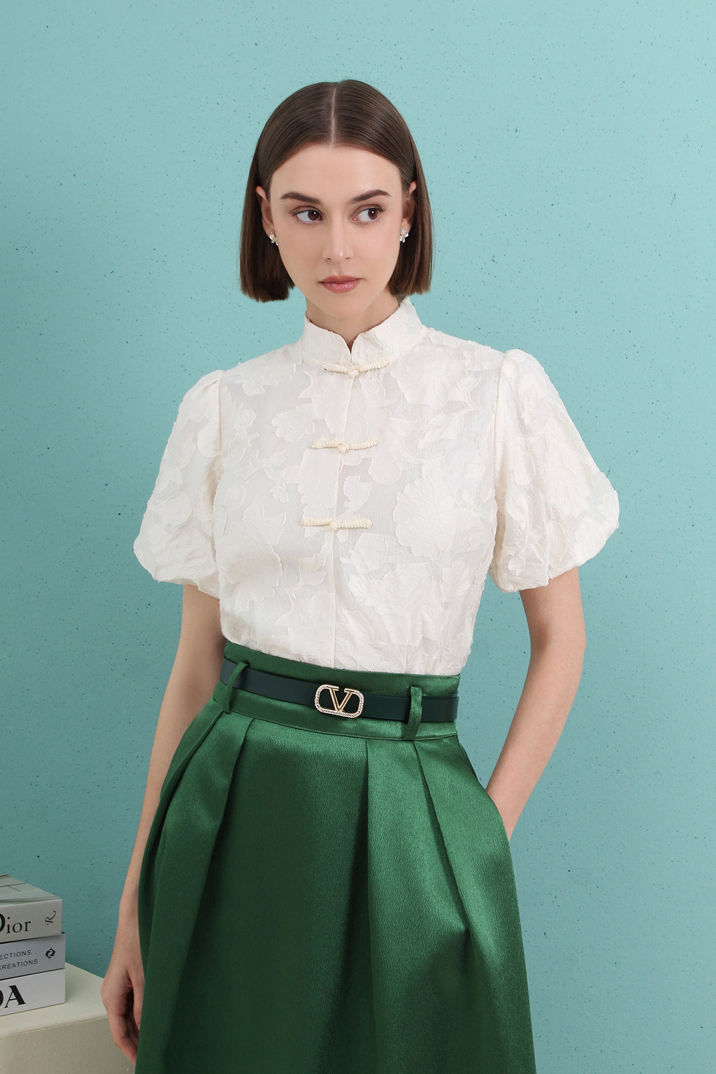 Celeste Petal-Sleeve Mandarin Top