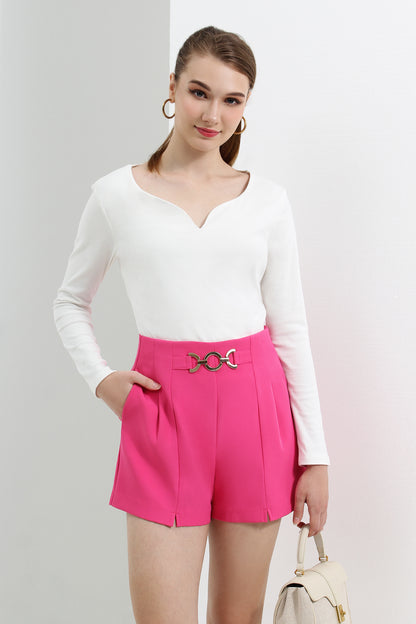 High Waist Chain Belt Accent Pleated Tailored Shorts