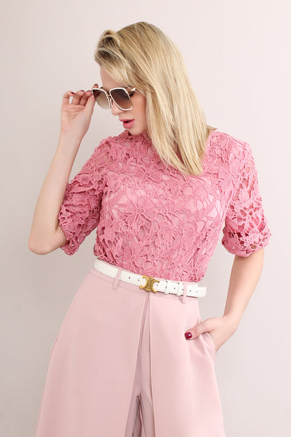 U Neck Loose Embroidered Mesh Midi Puff Sleeve Blouse