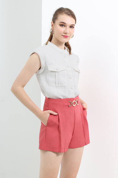 High Waist Chain Belt Accent Pleated Tailored Shorts