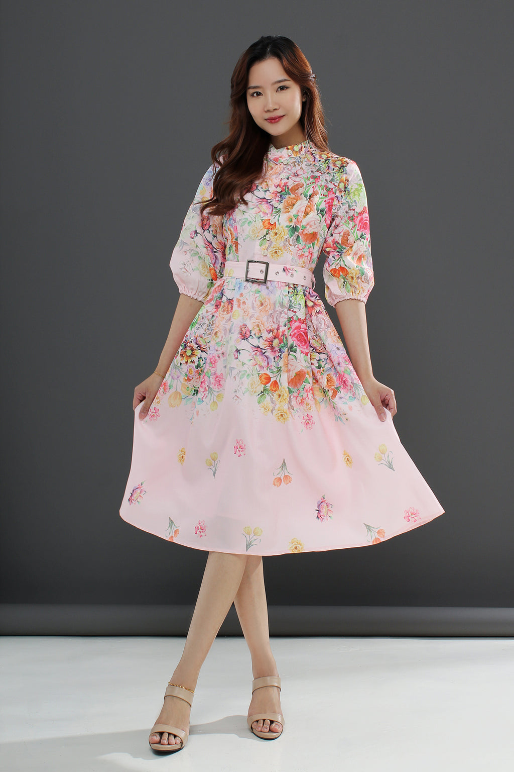 Floral Flare Belted Midi Dress