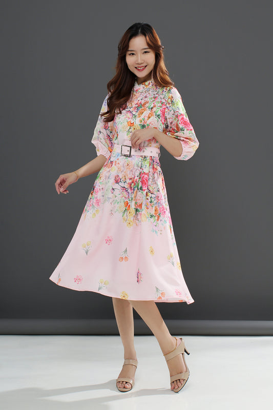 Floral Flare Belted Midi Dress