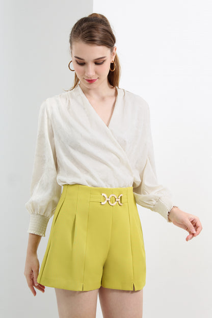 High Waist Chain Belt Accent Pleated Tailored Shorts