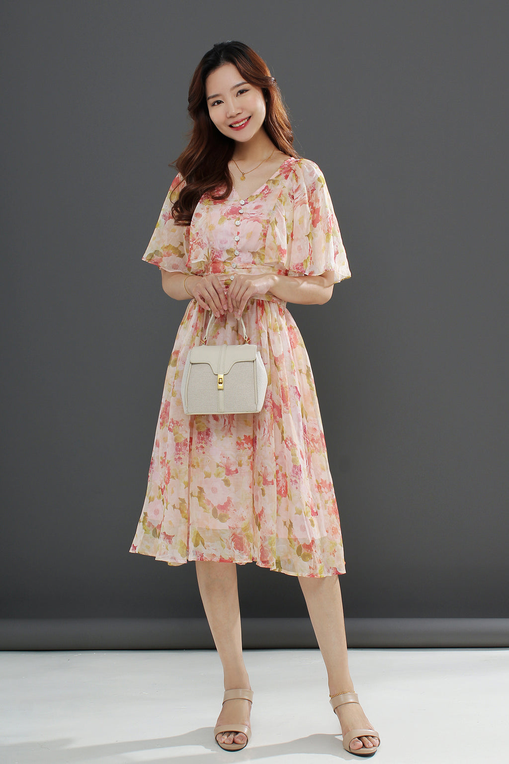 Floral Chiffon Flare Midi Dress