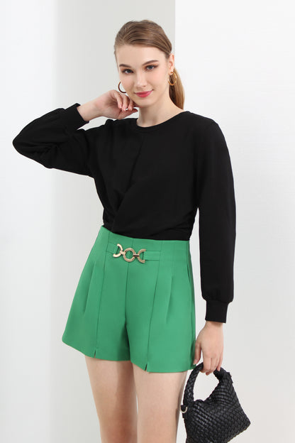 High Waist Chain Belt Accent Pleated Tailored Shorts