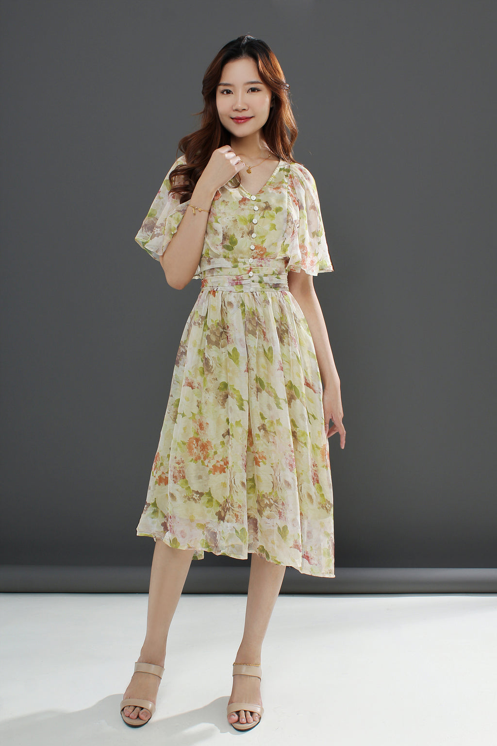 Floral Chiffon Flare Midi Dress