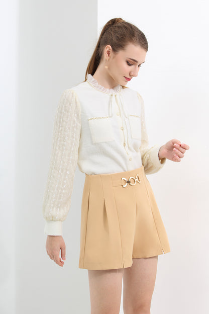 High Waist Chain Belt Accent Pleated Tailored Shorts