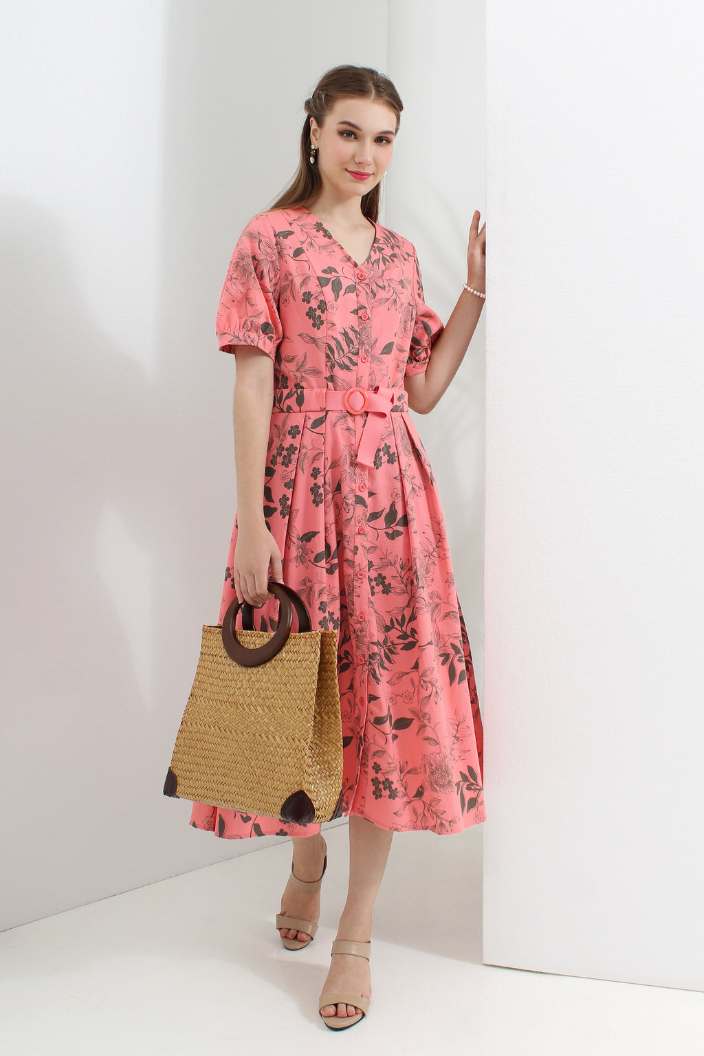Floral Belted Button Down Midi Dress