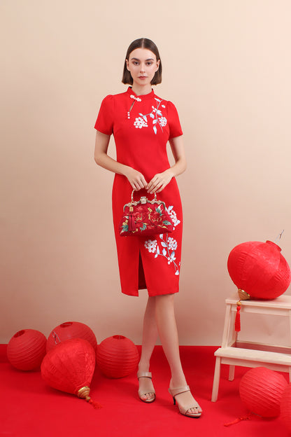 Embroidered Floral Qipao Midi Dress