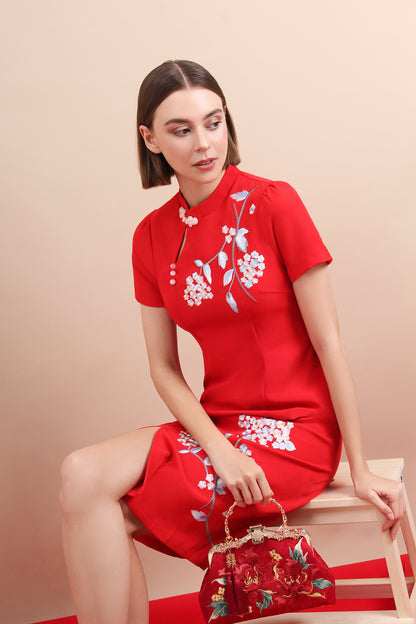 Embroidered Floral Qipao Midi Dress