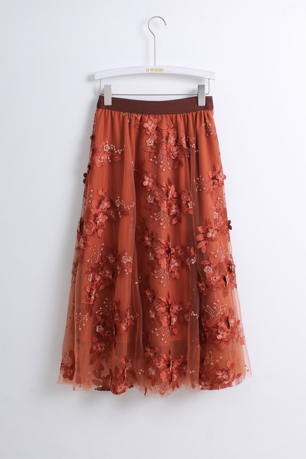 Romantic Tulle Midi Skirt in Rust Orange (Free size)