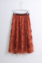 Romantic Tulle Midi Skirt in Rust Orange (Free size)