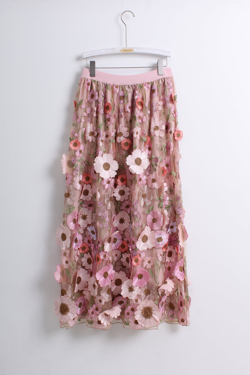 3D Floral Appliques Midi Skirt in Pink (Free size)