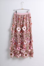 3D Floral Appliques Midi Skirt in Pink (Free size)