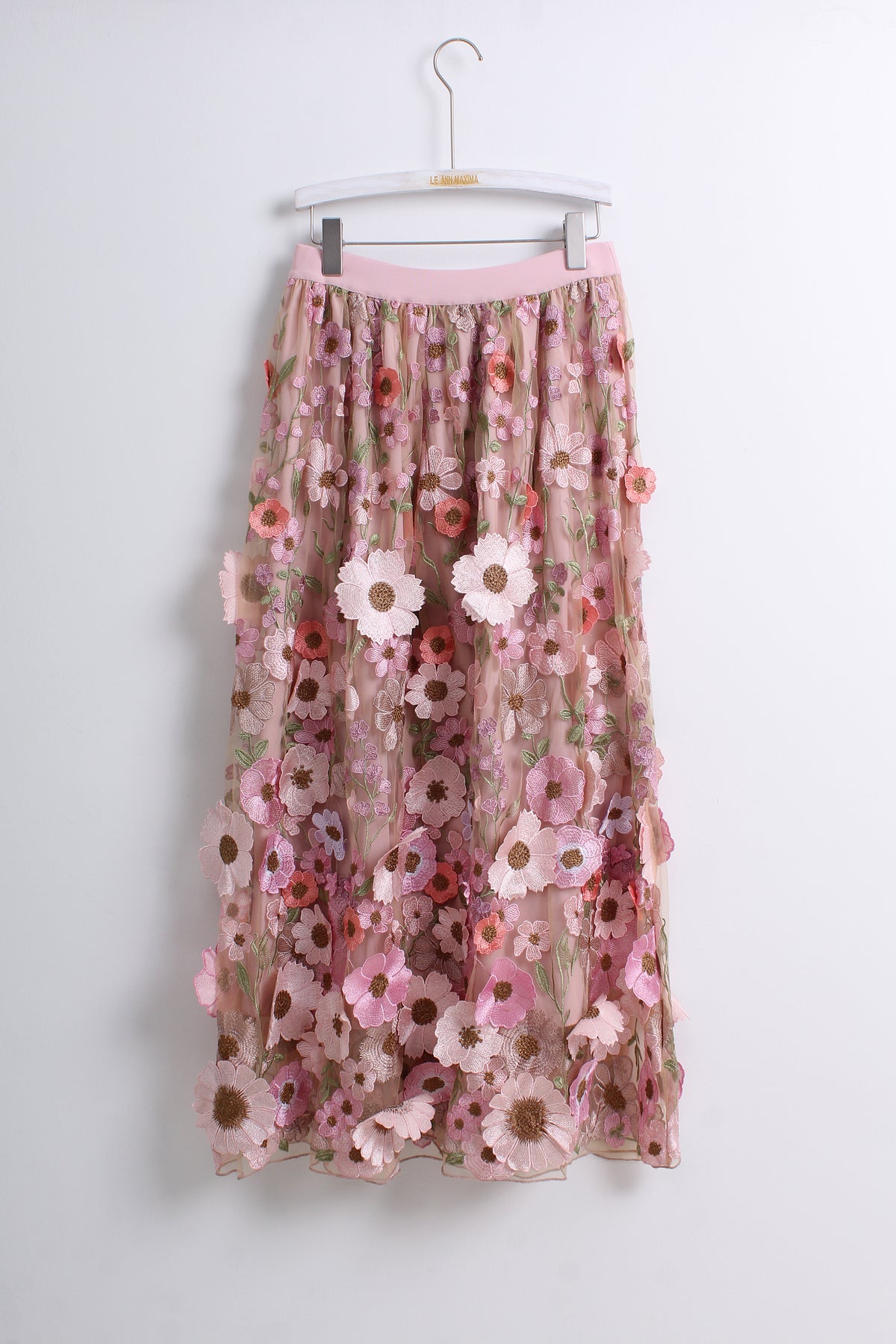 3D Floral Appliques Midi Skirt in Pink (Free size)
