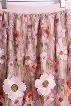3D Floral Appliques Midi Skirt in Pink (Free size)