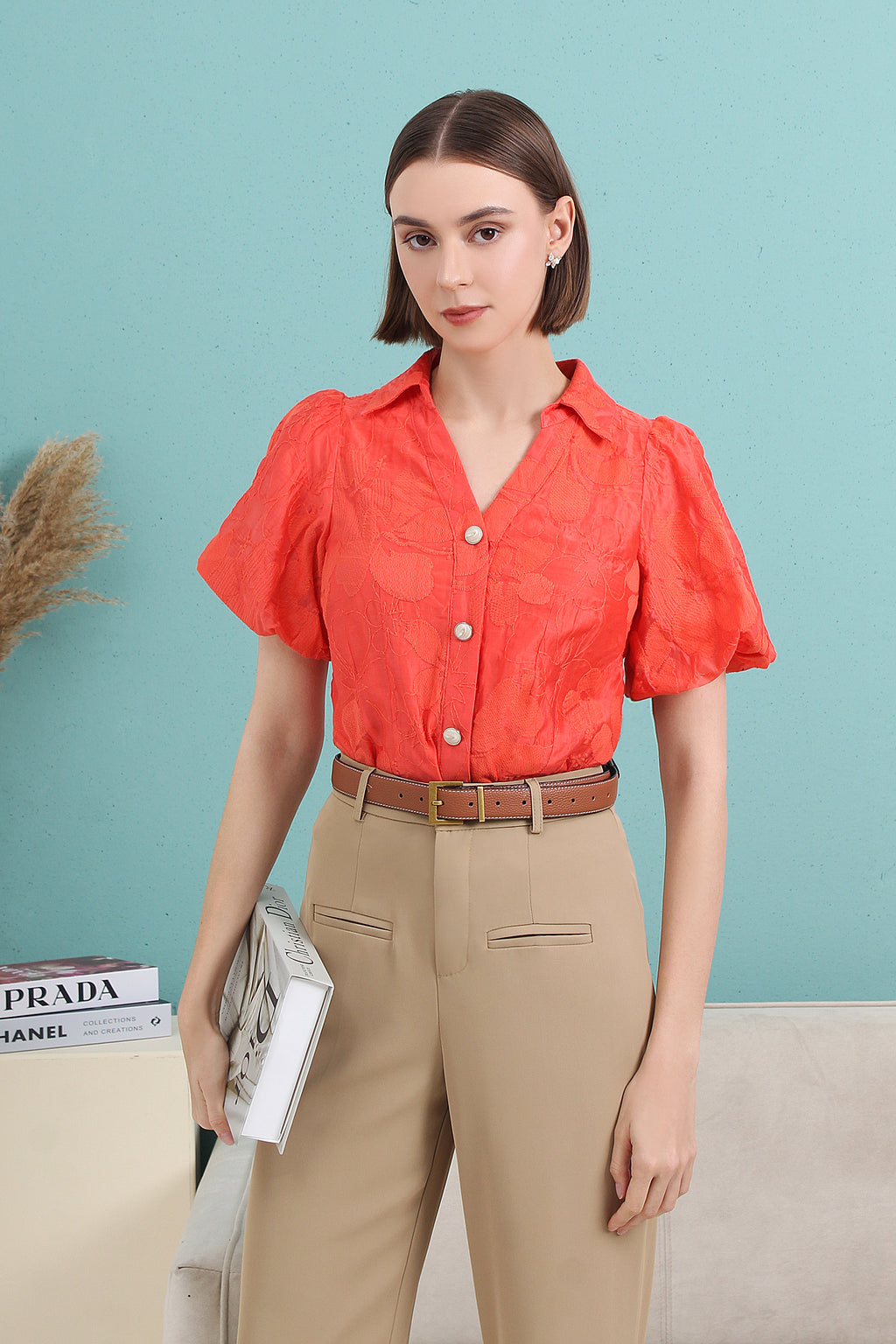 Puff Sleeve V Neck Shirt