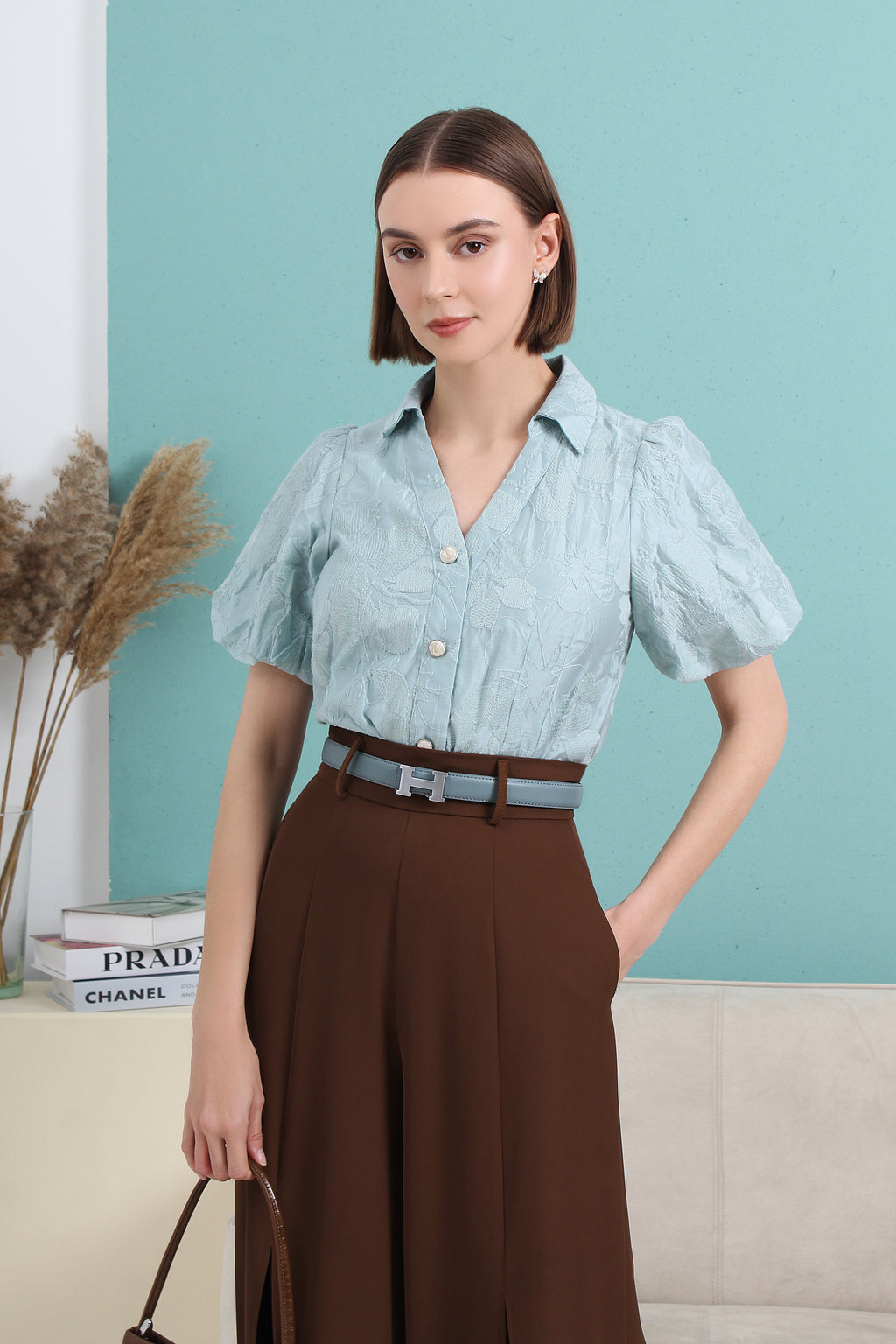 Puff Sleeve V Neck Shirt