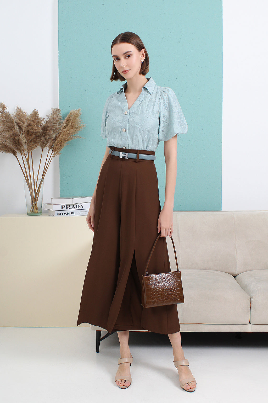 Puff Sleeve V Neck Shirt