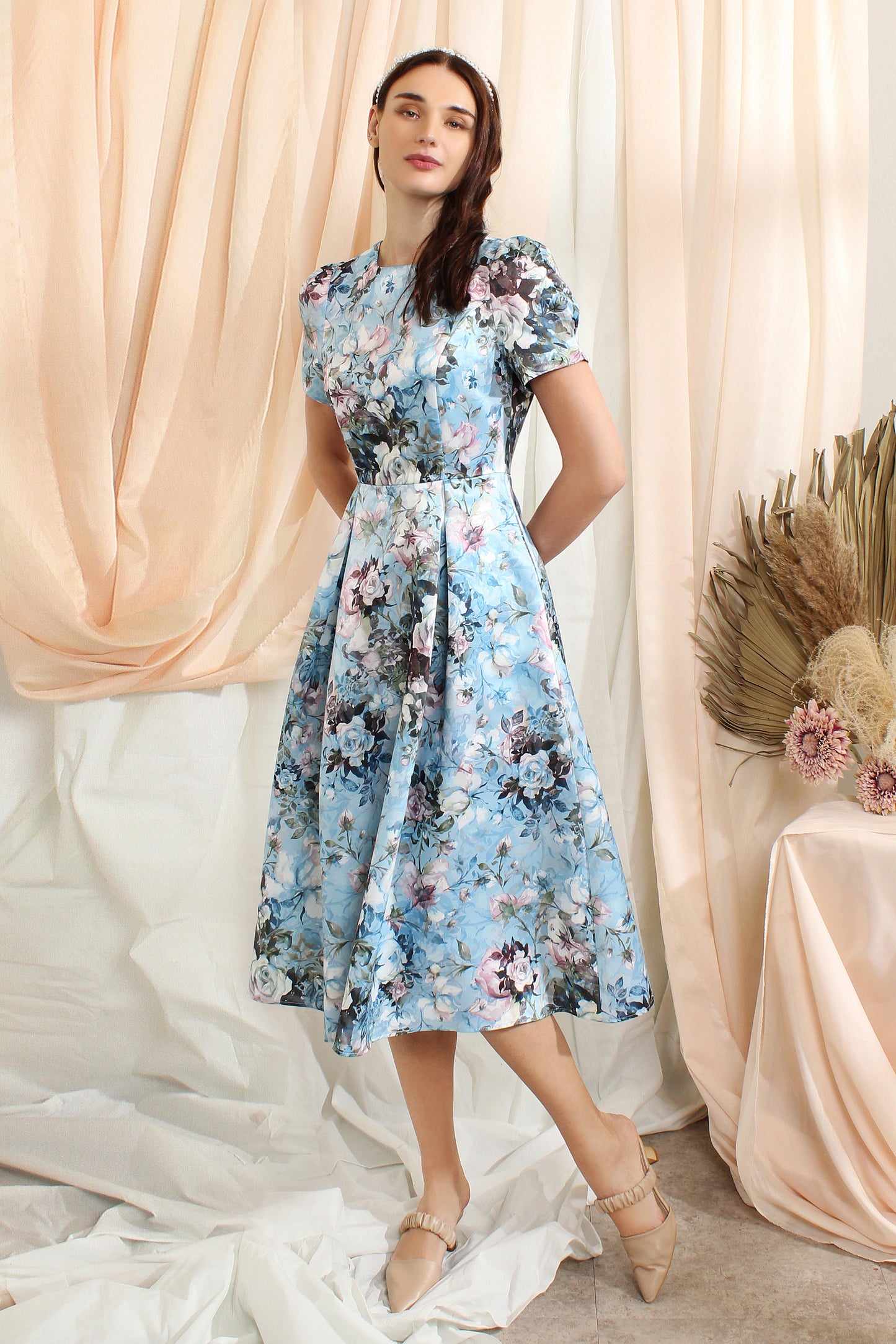 Andressa Vintage Floral Dress with Inverted Pleats