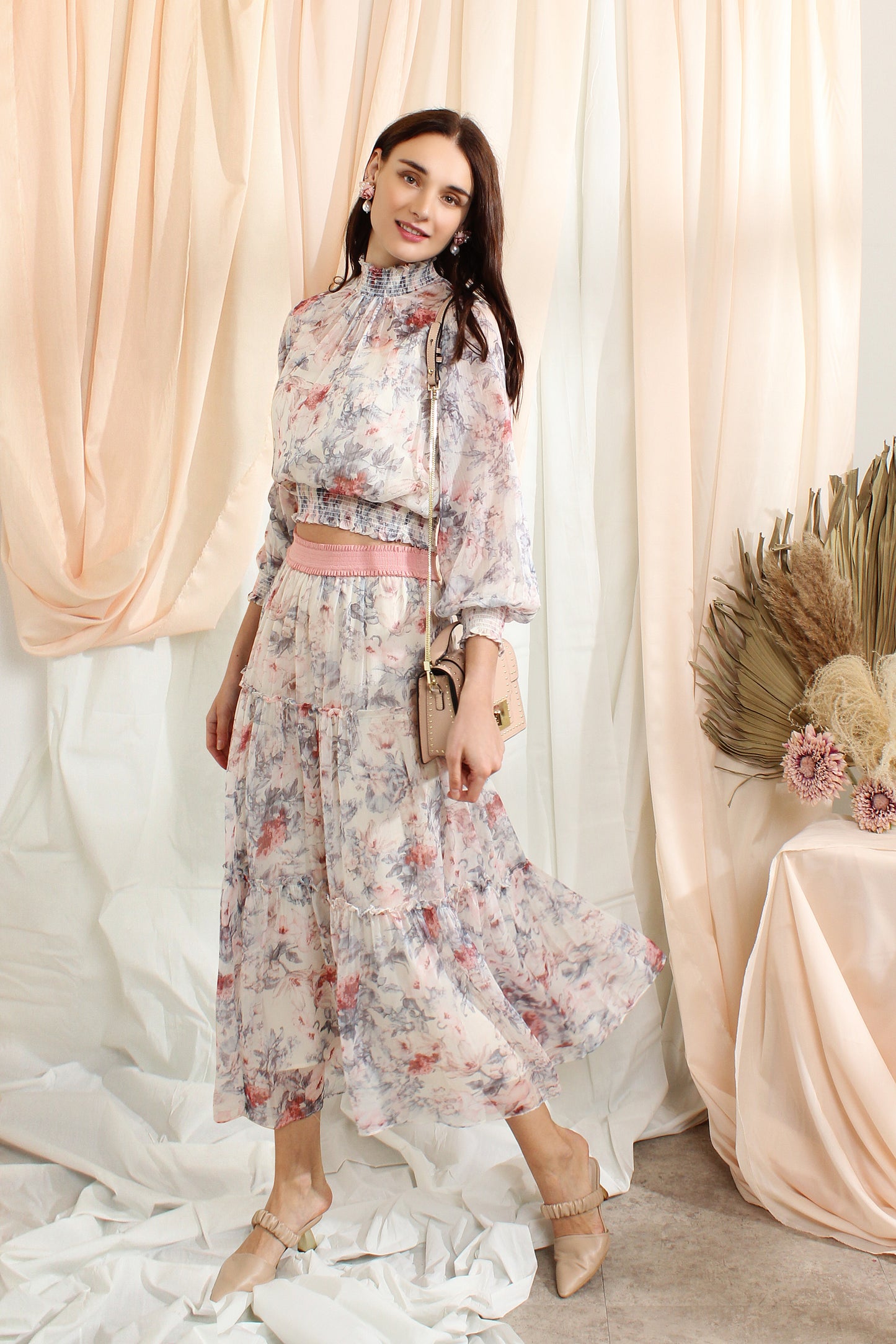 Ruffle Chiffon Sets With Floral Prints