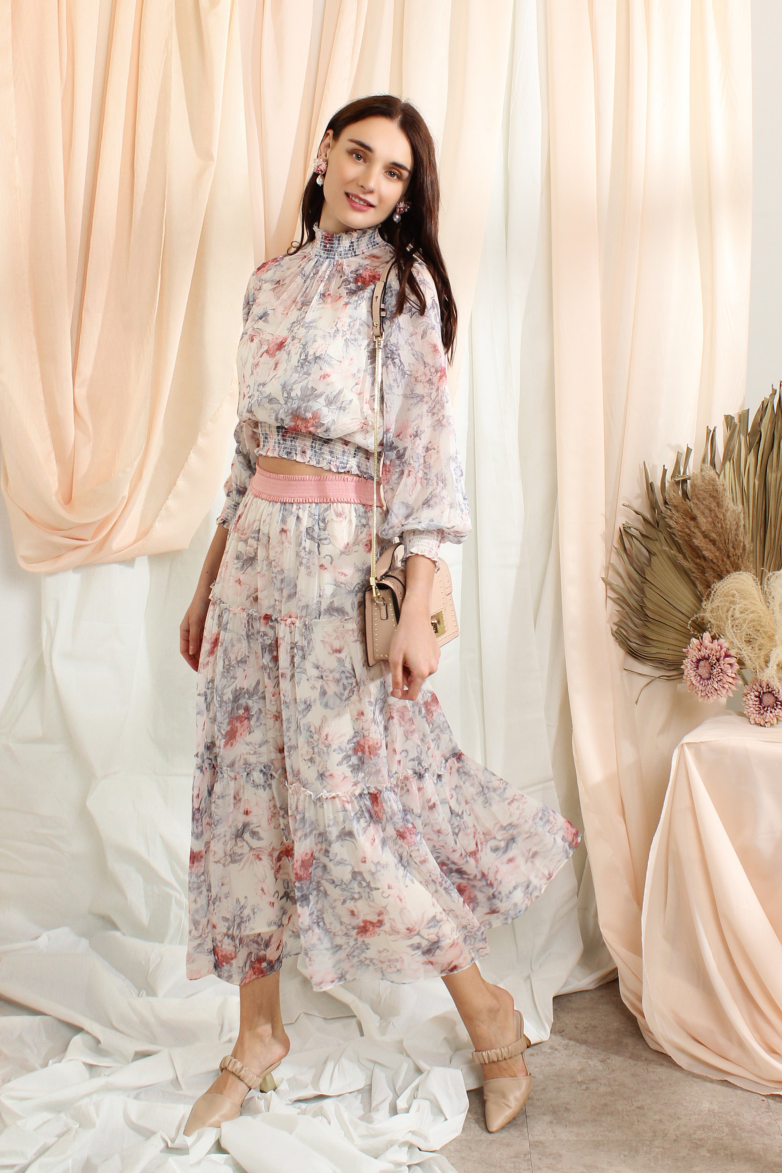Ruffle Chiffon Sets With Floral Prints