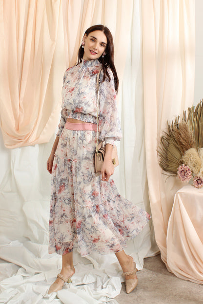 Ruffle Chiffon Sets With Floral Prints