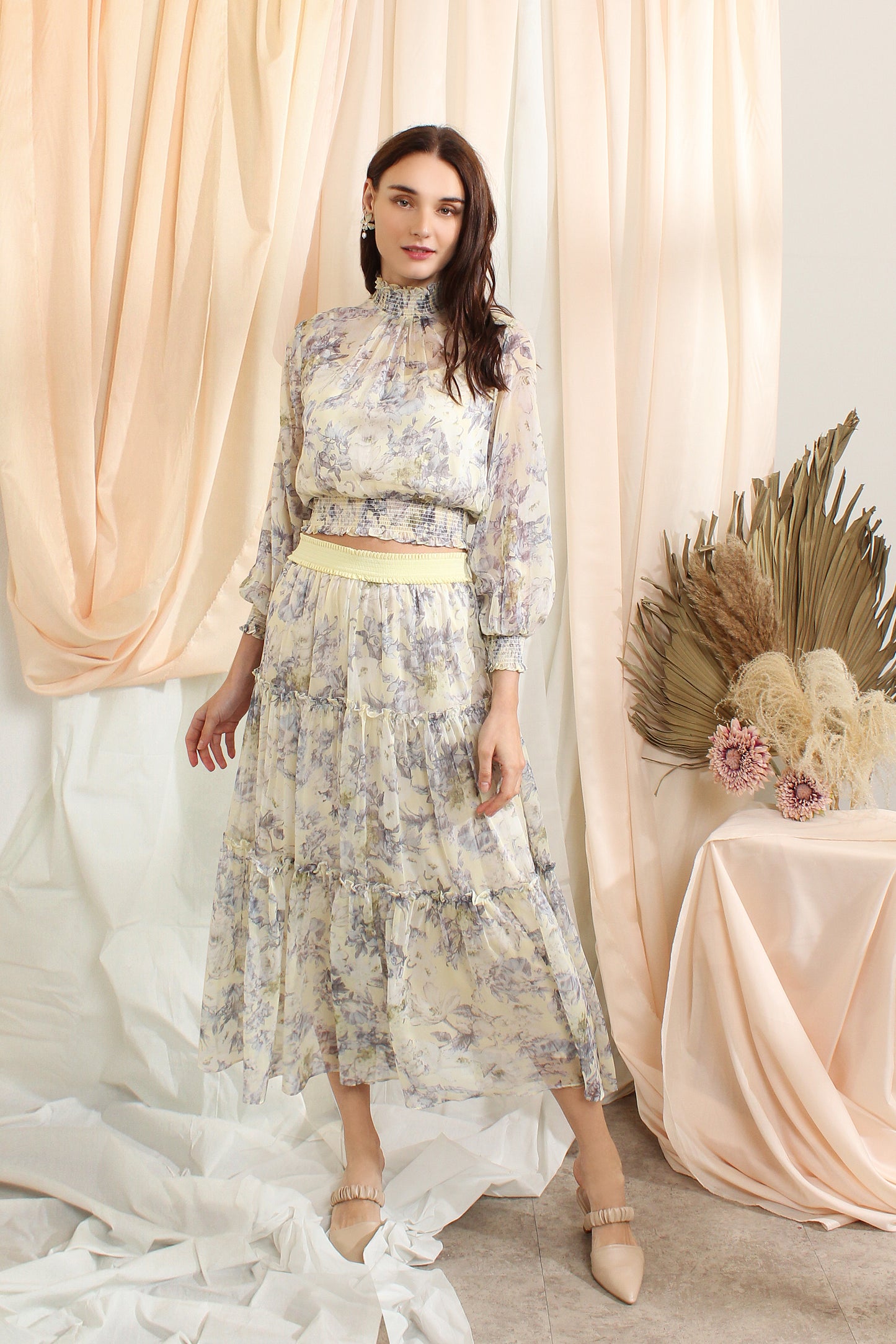 Ruffle Chiffon Sets With Floral Prints