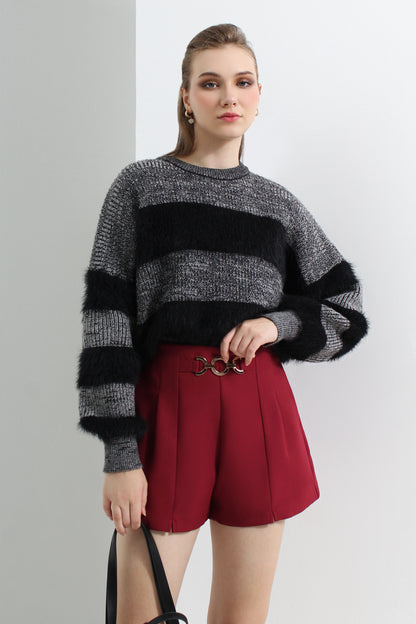 High Waist Chain Belt Accent Pleated Tailored Shorts