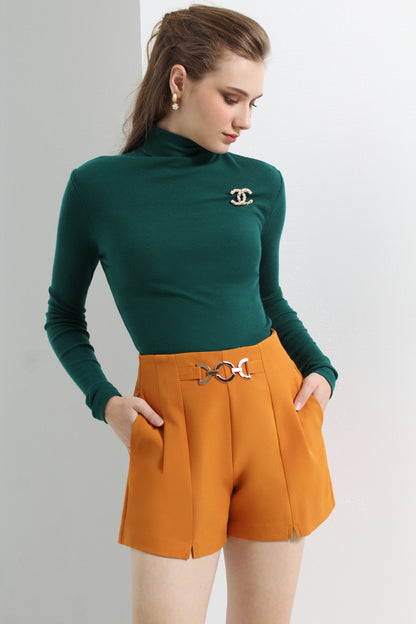 High Waist Chain Belt Accent Pleated Tailored Shorts