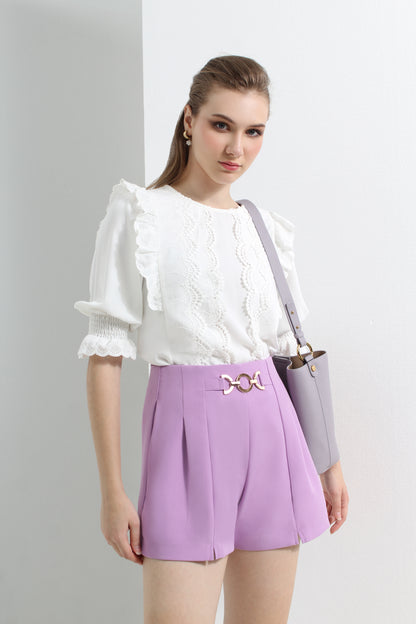 High Waist Chain Belt Accent Pleated Tailored Shorts