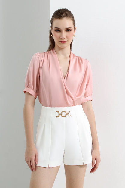 High Waist Chain Belt Accent Pleated Tailored Shorts