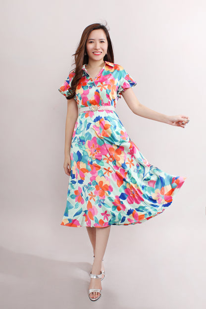 Bright Floral Dress With Ruffled Sleeves