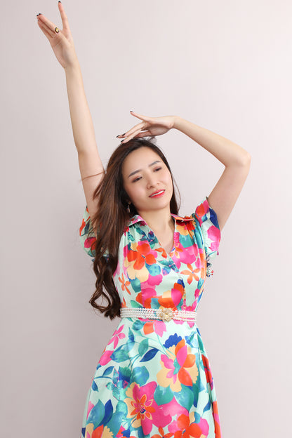 Bright Floral Dress With Ruffled Sleeves
