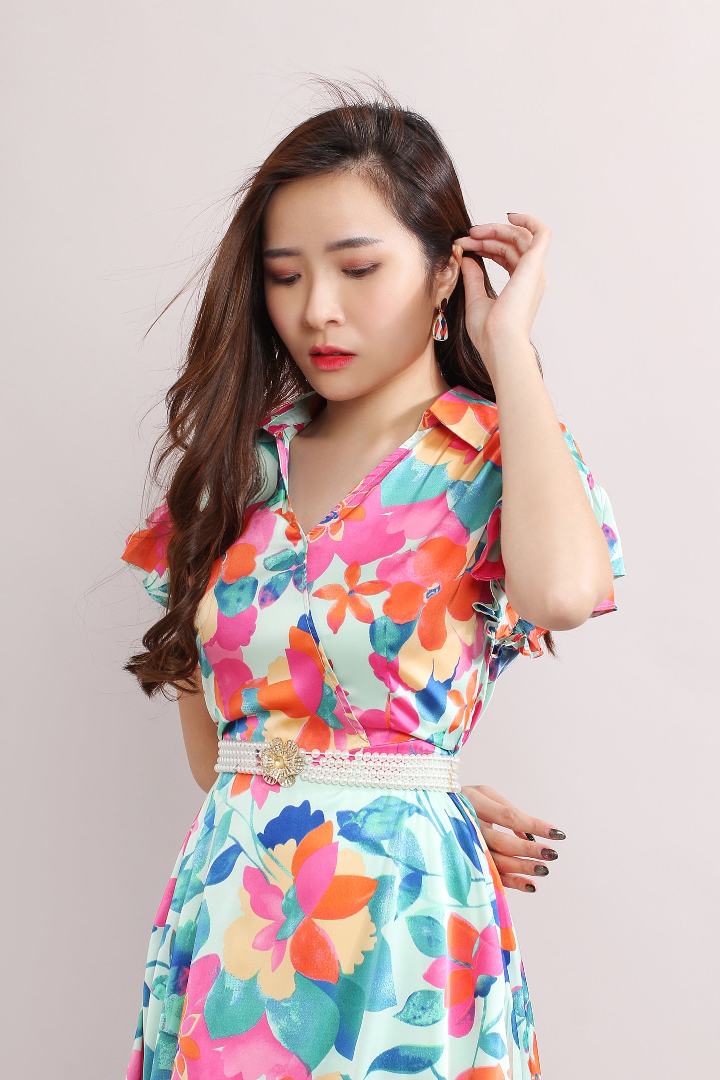Bright Floral Dress With Ruffled Sleeves