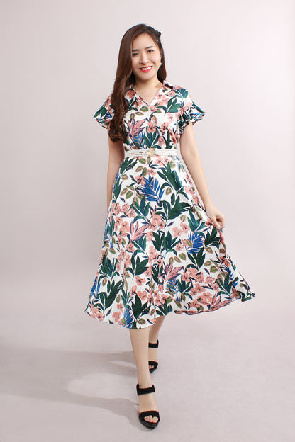Bright Floral Dress With Ruffled Sleeves