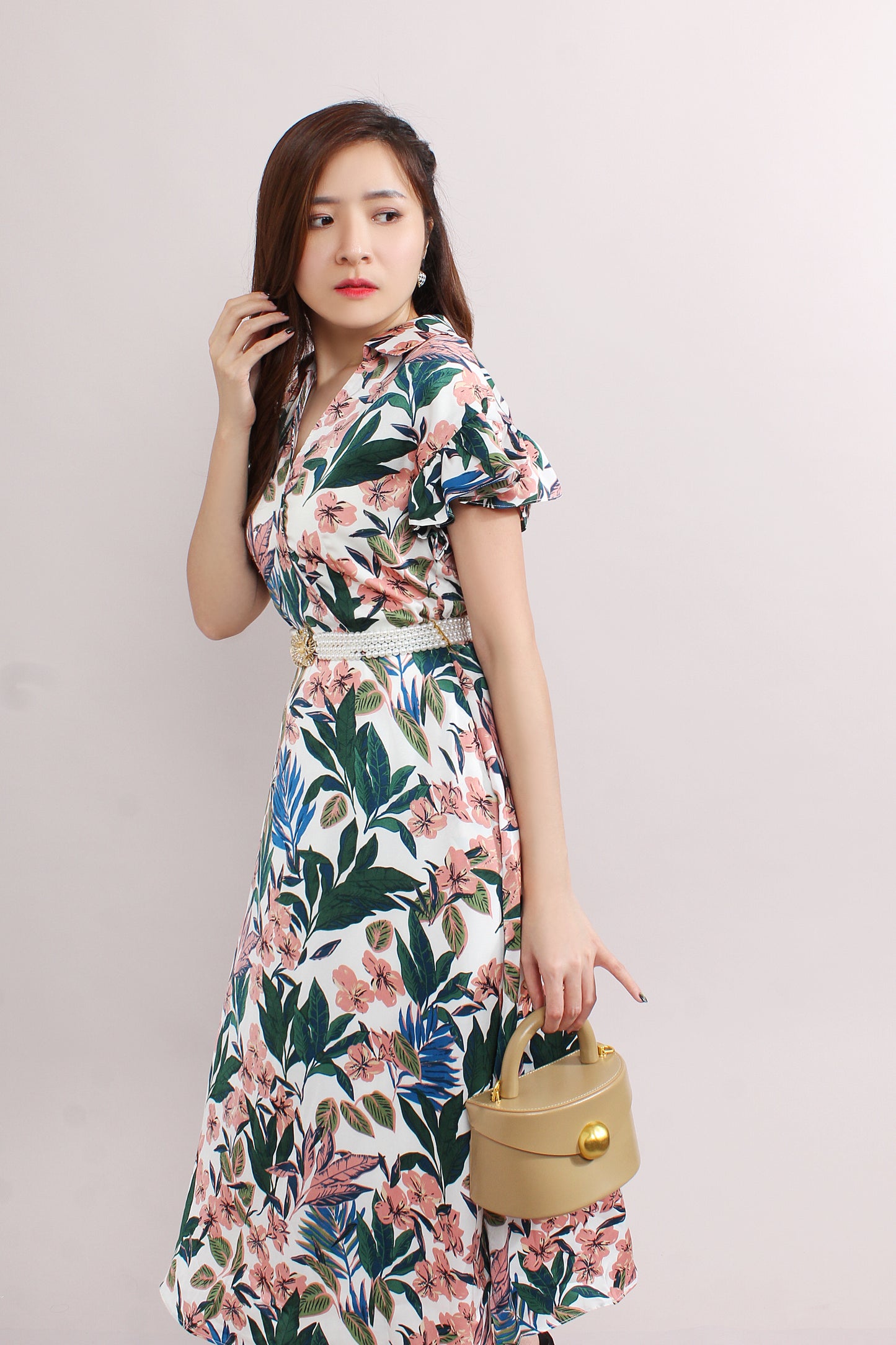 Bright Floral Dress With Ruffled Sleeves