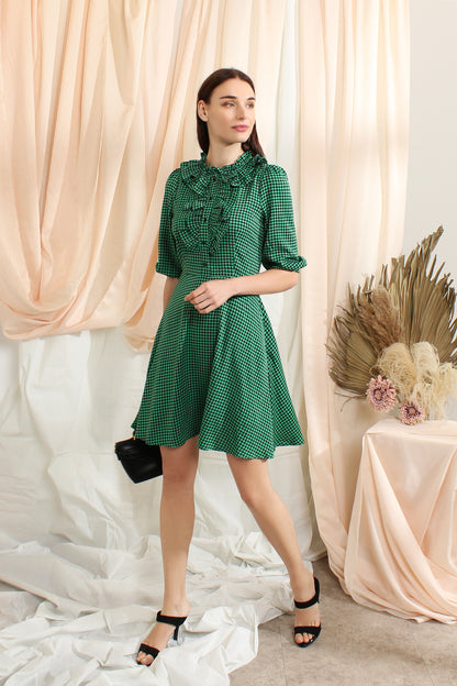 Thea houndstooth layered ruffles knee-length dress