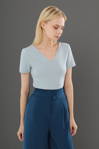 Hasina V Neck Short Sleeve Plain Stretch Top