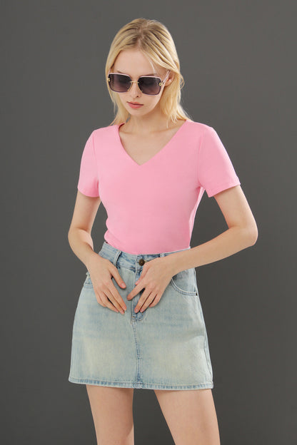 Hasina V Neck Short Sleeve Plain Stretch Top