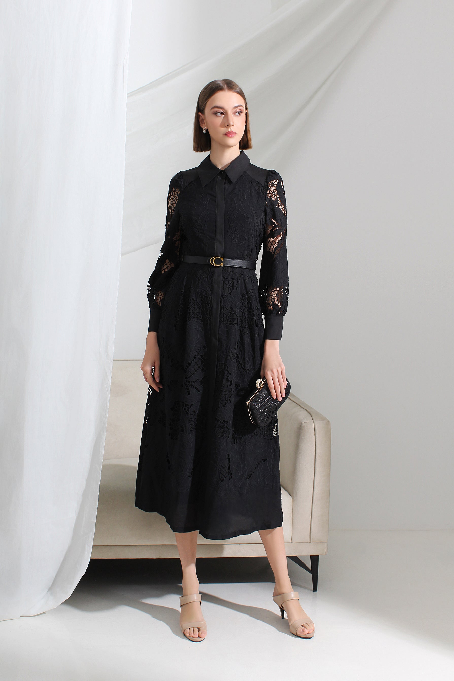 Elise Lace Collared Midi Dress